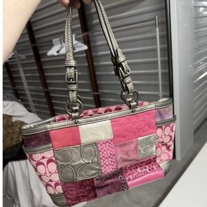Coach Holiday Patchwork Gallery Tote Pink Silver Metallic Suede Bag